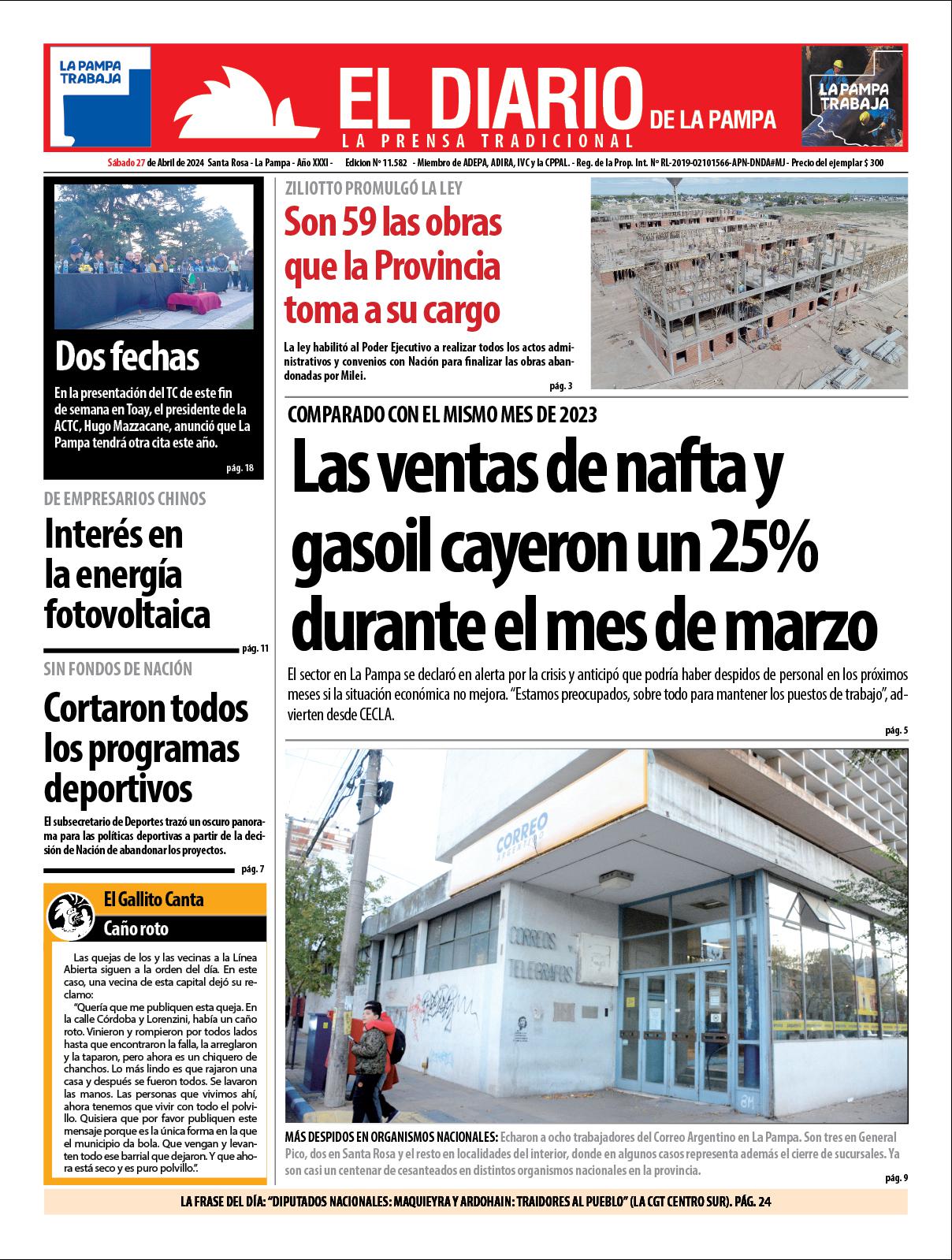 Tapa de El Diario en papel  saacutebado 27 de abril de 2024